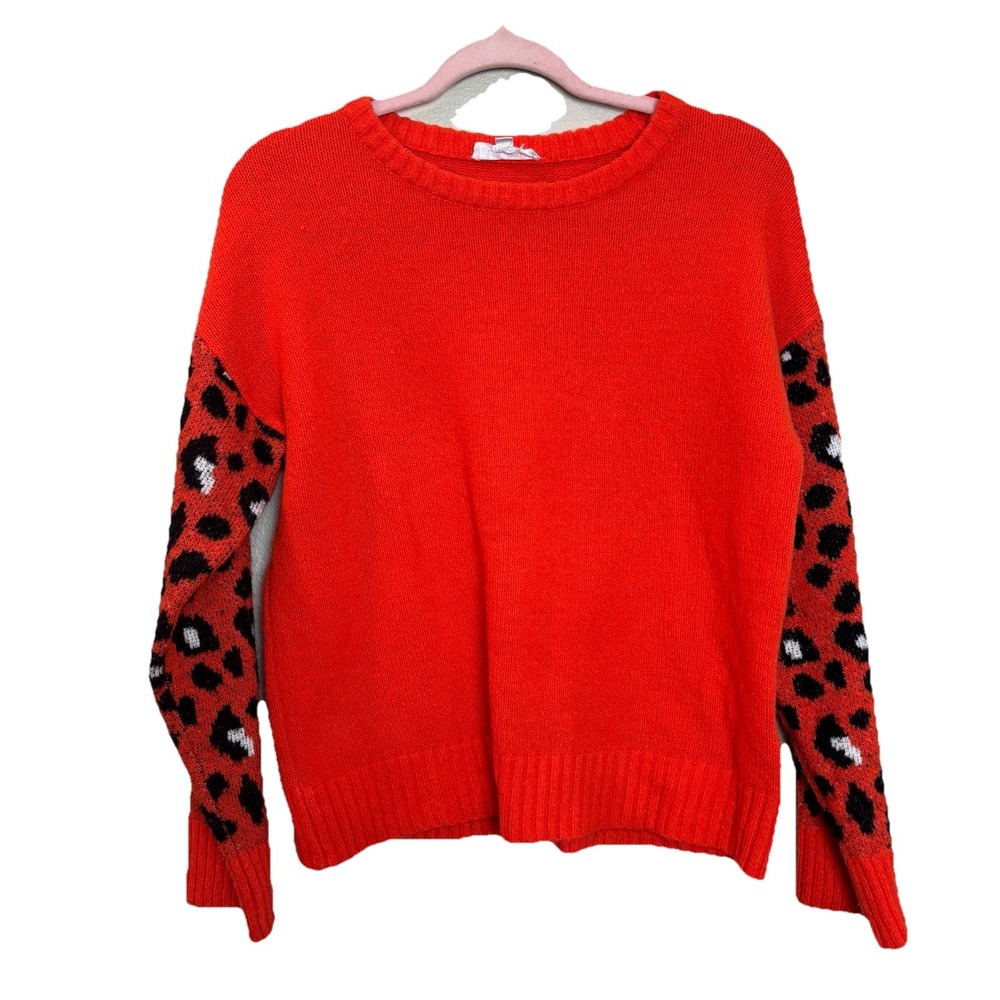 THML Leopard Orange Sleeve Knit Sweater Women's Small S Animal Print‎ Bright